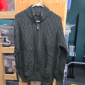 The Irish Store Size L Army Green Merino Wool Full Zip Knit Sweater